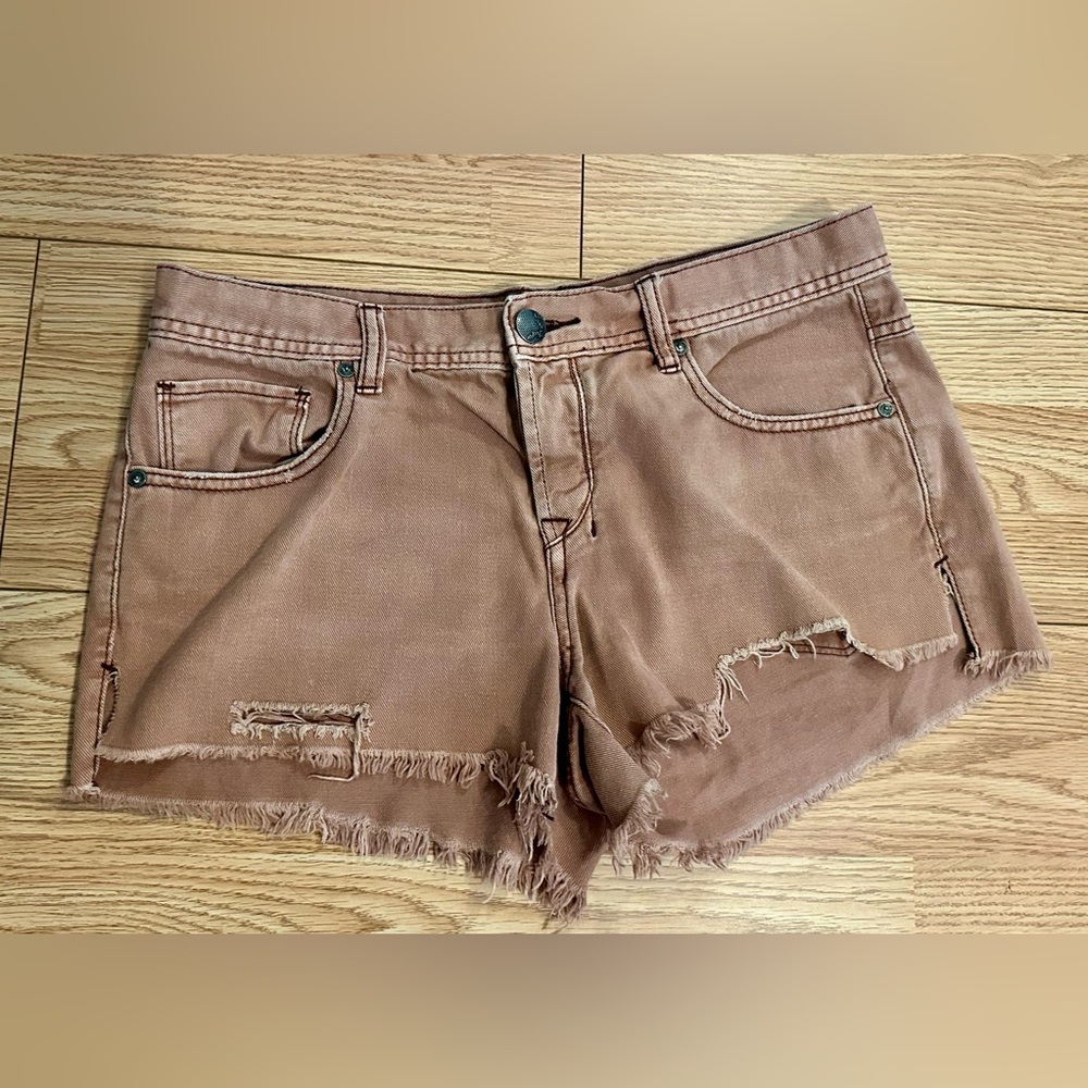 Free People Distressed Tan Jean Shorts